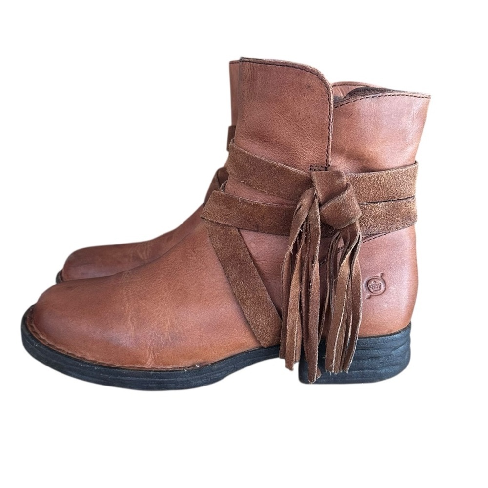 BORN Perl Brown Leather Ankle Boots Suede Tassel Western Boho Coastal Cowgirl 6‎